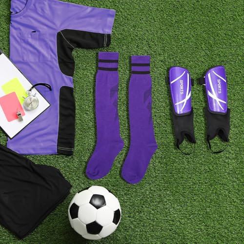 Soccer Shin Guards and Socks Kids Youth Lightweight Soccers Pads Defender with Ankle Protection Ski Shin Guards Football Equipment for Age 4-14 Toddler Boy Girl - color: Purple, size: Small