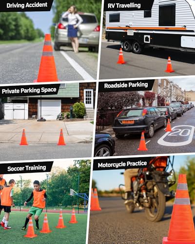 BATTIFE [6 Pack] 18 Inch Collapsible Traffic Safety Orange Cones, Multi Purpose Pop-up Cones and Reflective Collar, for Road Parking, Driving Practice - size: 18inch