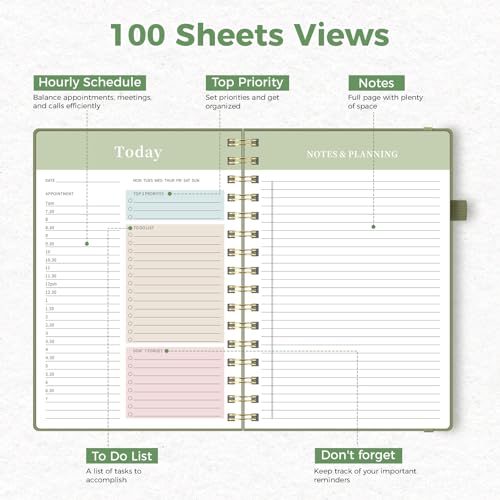 Oucaru Undated Daily Planner, 8.5"x11", A4 Size Spiral Notebook with Hourly Schedule, To Do List, Priorities, and Notes for Productivity - Easily Organize Your Tasks, Appointments & Goals for Women - size: A4-Green, style: Daily Planner