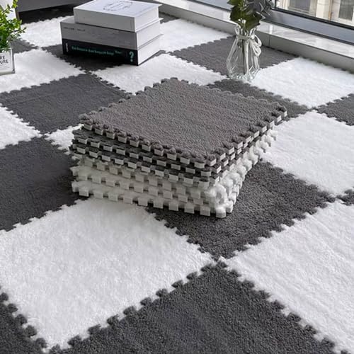 10pcs Plush Puzzle Foam Floor Mat, Soft Fluffy Interlocking Square Foam Tiles Area Rugs Carpet for Parlor Bedroom Decoration(11.8x11.8in, Grey & White) - color: Grey & White
