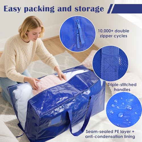 6 Pack Moving Bags with Full-Open Side Zipper, Extra Large 93L Heavy Duty Waterproof Foldable Storage Totes for College Dorm, Moving & Home Organization,Blue - color: Bluek, size: 6 Pack