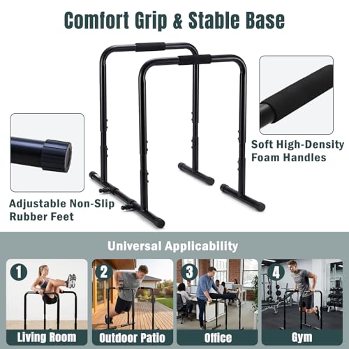 OLIXIS Dip Bar, Adjustable Heavy Duty Dip Station with Soft Foam Handles | Stabilizer Parallel Parallette Bar Fitness Equipment for Home, Gym, Patio, Office