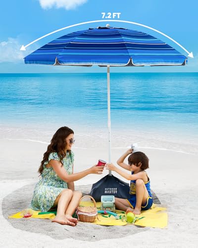 OutdoorMaster 7.2ft Beach Umbrellas for Sand with Sandbag & Anchor | 7.2ft Adjustable Umbrella for Beach, Wind Resistant, Portable UPF50+ Sunshade with Carry Bag for Patio - color: Dark Blue Striped