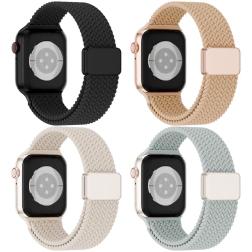 4 Pack Magnetic Stretchy Braided Sport Loop for Apple Watch Band Women Men | Nylon Elastic Strap Compatible with iWatch Series 11/10/9/8/SE/7/6/5/4/Ultra 3 2 for 38mm 40mm 41mm 42mm 44mm 45mm 46mm 49mm - color: Black/Milk Tea/Starlight/Succulent, size: 38