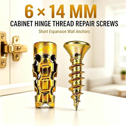 100 PCS Hinge Repair Screw 6×14mm Short Expansion Screw Set for Cabinet Hinge Repair & Stripped Thread Restoration, Secure Cabinet Door Fastening