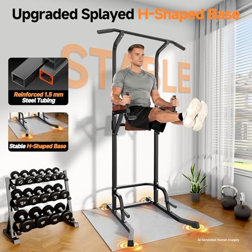 Power Tower Pull Up Station with Arm Rests Back Pad and Flared H-Shaped Base - color: Black/Brown