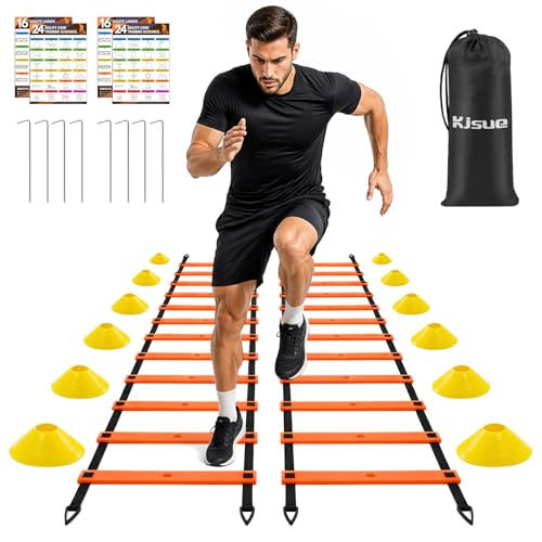 2 Pack 20ft Agility Ladder Set, 40ft Total Adjustable Speed Ladder with 12 Cones, 8 Stakes, 1 Carry Bag - Parallel Footwork Drills Gear for Football Soccer Basketball Training Equipment - color: Orange