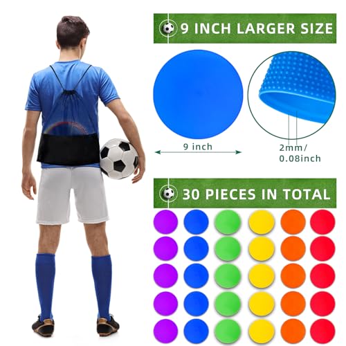 12/24Pcs Poly Spot Markers 4 inch/9 inch Non-Slip Rubber Agility Training Markers Floor Dots Flat Field Cones for Football Basketball Soccer School Exercise Drills Gym Dance Practice 6 Colors - style: 9 inch 30 Pcs (PVC)