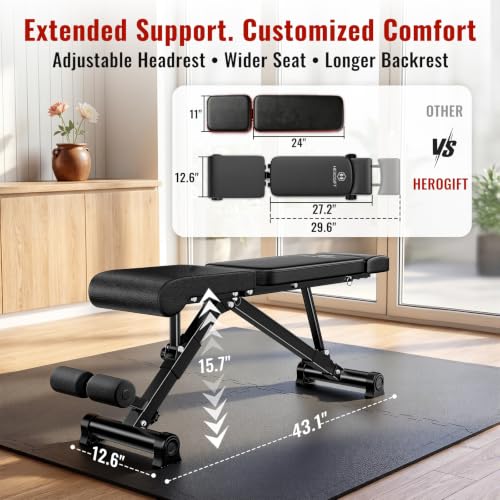 HEROGIFT Adjustable Weight Bench, 144 Configurations with 3-Position Headrest, Foldable Workout Bench with Extended Backrest, 600 LB Capacity for Home Gym Full Body Strength Training
