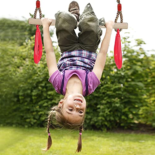 PELLOR Playground Children's Wooden Trapeze Swing Bar with Plastic Gym Rings Swing Set for Indoor & Outdoor Fun - color: Red