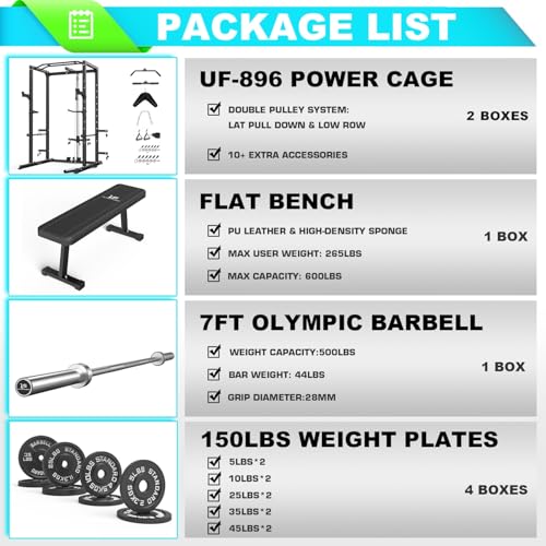 ULTRA FUEGO Power Cage, Multi-Functional Power Rack with J-Hooks, Dip Handles, Landmine Attachment and Optional Cable Pulley System for Home Gym - size: 150LB Weights Package black+Flat Bench