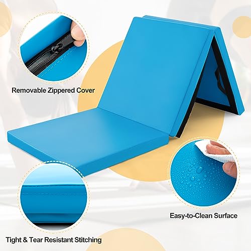 Goplus Folding Gymnastics Mat, 6’ x 2’ x 2’’ Thick Tri-Fold Exercise Tumbling Mat w/Carrying Handles, Hook & Loop Fastener, Gym mats for Home Fitness Yoga Aerobics Workouts Martial Arts - color: Blue