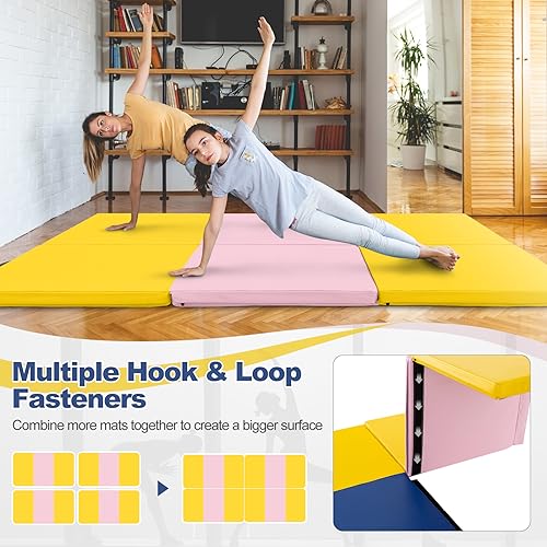 Goplus Folding Gymnastics Mat, 6’ x 2’ x 2’’ Thick Tri-Fold Exercise Tumbling Mat w/Carrying Handles, Hook & Loop Fastener, Gym mats for Home Fitness Yoga Aerobics Workouts Martial Arts - color: Yellow + Pink