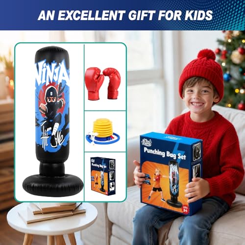 2026 Upgraded 4-in-1 Punching Bag Set Inflatable Boxing Bag, Holidays, Birthday Gifts, Kick Bag Equipment for Practice Karate, Taekwondo Punching Bag Gifts for Kid （36 Months+）