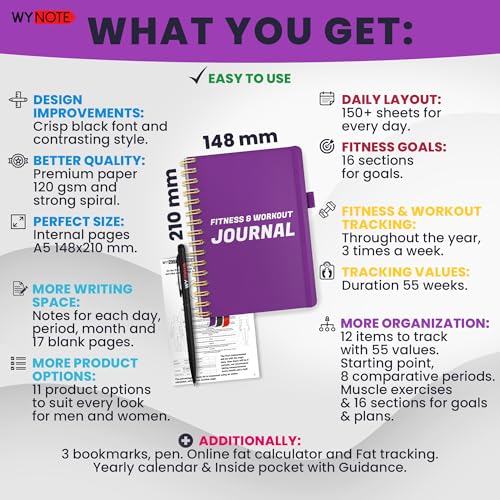 Fitness Journal Royal Purple on 150+ Workouts + Yearly Calendar + 55 Tracking Values - A5 Workout Journal with Fat tracking - Planner to 12 items to track + 7 comparative periods + Goals
