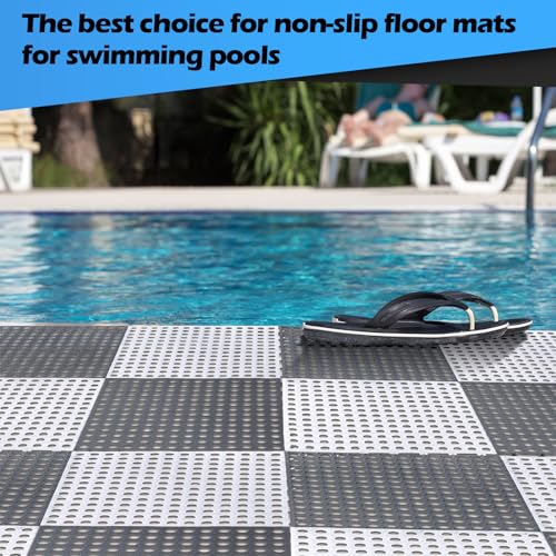 Tinideya 50 Pcs Drainage Interlocking Floor Tiles, 12'' x 12'' Soft TPE Non Slip Shower Floor Tiles for Pool Bathroom Shower Balcony Patio Locker Room Basement Stairs(White and Light Gray) - color: Light Gray and White