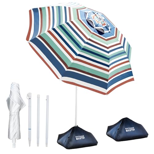 OutdoorMaster 7.2ft Beach Umbrellas for Sand with Sandbag & Anchor | 7.2ft Adjustable Umbrella for Beach, Wind Resistant, Portable UPF50+ Sunshade with Carry Bag for Patio - color: Blue Red Striped