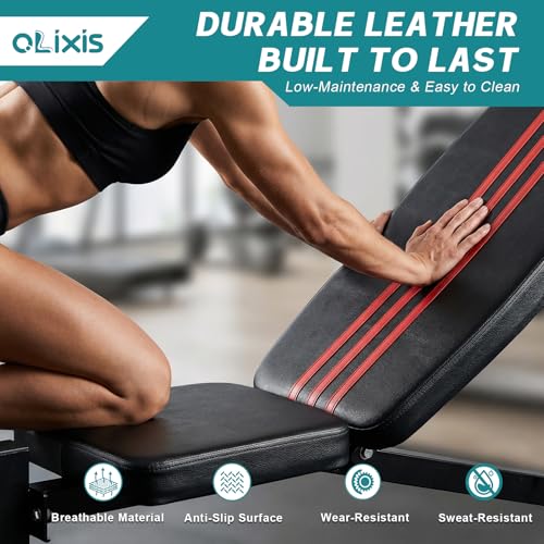 OLIXIS Adjustable Weight Bench Set with Rack, 650 LBS Foldable Bench Press | Heavy-Duty Easy Assembly Strength Training Workout Set with Leg Extension Curl, for Garage, Home, Gym - Black & Red
