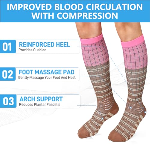 IRAMY Compression Socks Women Ankle Support Gradient Compression Wicking Moisture Knee High Socks 3 Packs - color: Pink+black+brown-3 Packs, size: X-Large