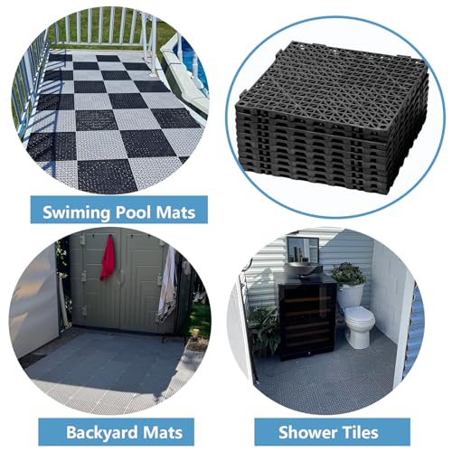 12” x 12” Drainage Interlocking Floor Tiles, 12 Pack Non-Slip Pool Deck Drain Mats for Flooring, Soft PVC Splicing Modular Cushion Mats, Rubber Floor Tiles with Holes for Shower Basement Garage Shed - size: Black