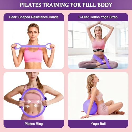Home Pilates Kit for Women, Pilates Ring Set, Pilates Equipment Kit for Women Home Workouts, Pilates Essentials Kit with Pilates Ring and Ball, Resistance Bands for Strength, Toning, Flexibility - color: Purple-12inch Ring