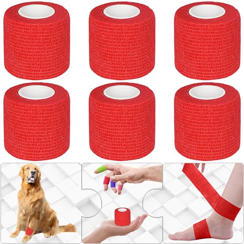 6 Pack 2 Inches Self Adhesive Bandage Wrap | Breathable Cohesive Bandage Elastic Tape for Pets, Athletic, Sports, Wrist, Knee, Ankle(5 Yards Per Roll, Red) - color: Red, size: 2 Inch