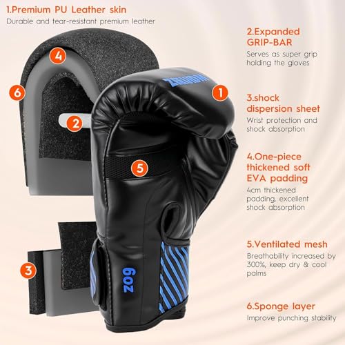 Kids Boxing Gloves 6 oz Youth Training Sparring Gloves for 3–12, Leather Ventilated Mesh, Boys Girls Junior Punching Gloves for PunchBag Focus Pads MMA Muay Thai Kickboxing - color: Blue