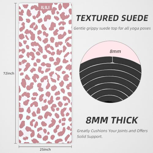 ILILI Yoga Mat Leopard Print Yoga Mat 8mm, Suede & TPE Thick Exercise Mat, Workout Mat for Women Men, 72''x25'' Fitness Mat with Strap for Home Gym, Yoga, Pilates, Stretching - color: Pink