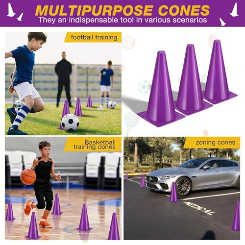 12 Inch Sports Cones Set of 24,Durable Training Cones for Soccer,Football, Basketball Drills - Multi-Purpose Agility Cones for Indoor & Outdoor Practice - color: purple