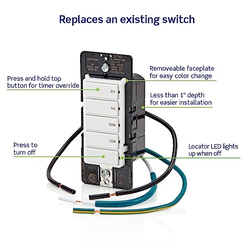 Leviton Countdown Timer Switch for household lights and exhaust fans, 15-30 min, 1-2 hour, No Neutral Wire Required, Single Pole, 15A, 1/2HP/9.8A Fan/Motor, DT102-1LW, White - style: 1-2 hour, No Neutral Required