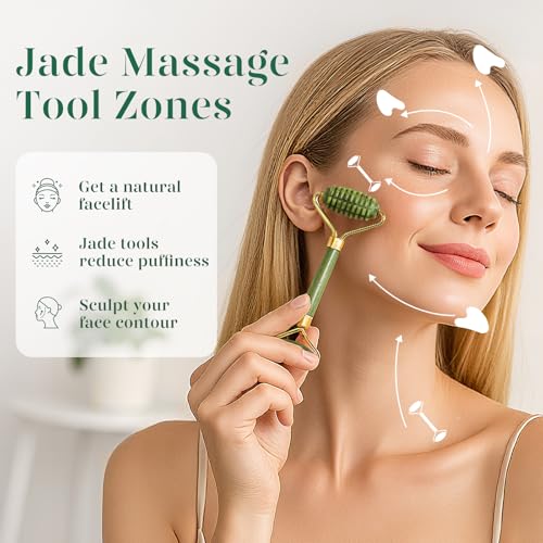 BAIMEI IcyMe Gua Sha and Jade Roller for Face, Natural Jade Face Roller with Ridge Design for Reducing Puffiness & Skin Firming,Facial Sculpting Tool, Self Care Gift for Women Men - color: Green