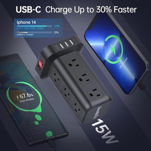 Extension Cord with Multiple Outlets, SMALLRT Power Strip Tower, Outlet Extender with 12 AC Outlets 4 USB, 6.5FT Extension Cord for Home Dorm Room, Office Supplies,Overload Protection - color: Black, size: 6.5 Ft without wireless charging
