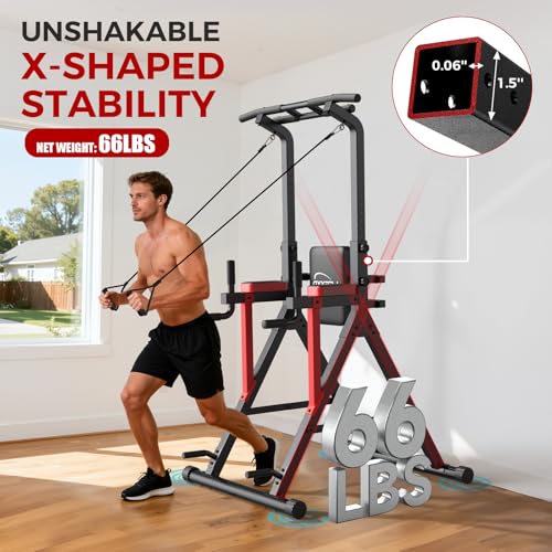 Power Tower Pull Up Bar Free Standing,13-Level Adjustable Height Dip Station with X Frame Stability, Multi-Grip Handles,Backrest,Home Gym Strength Training Equipment with Power Elastic Ropes 400LBS Capacity