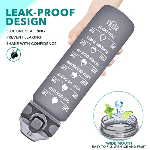 Enerbone 32 oz Drinking Water Bottle with Times to Drink and Straw, Motivational with Carrying Strap, Leakproof BPA & Toxic Free, Ensure You Drink Enough Water for Fitness Gym Outdoor - color: Black Cloud