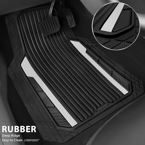 CAR PASS Heavy Duty Rubber Car Mats Metallic, Aluminum Film All Weather Floor Mats Waterproof Universal Trim to Fit for SUV Sedan Van 4 Piece Deep Dish Two-Tone Sporty Black Silver Chrome - color: Black and Silver