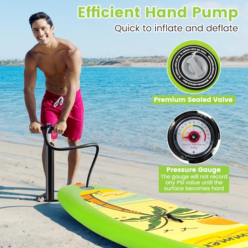 KOTEK 10FT/11FT Inflatable Paddle Board, SUP Paddleboard with Hand Pump, Safety Leash, Repair Kit, Carry Bag, Non-Slip EVA Deck, Stand Up Paddle Board for Youth & Adults - size: 11 FT, style: Green Coconut Tree