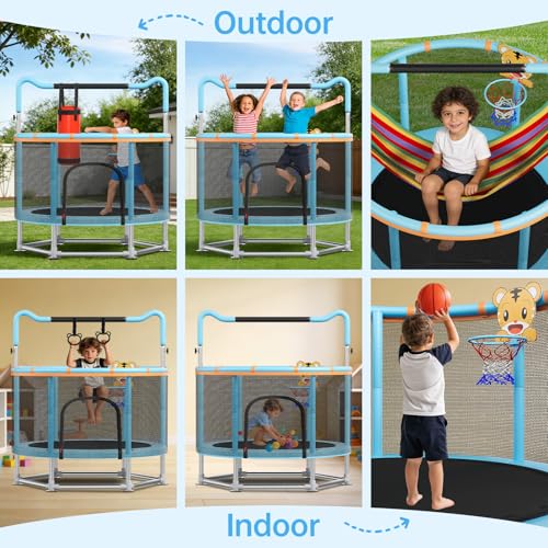 Full Wrap-Around Double Ring Legs 440lbsToddler Trampoline with Net,Trampoline for Kids - color: Blue, size: 60''