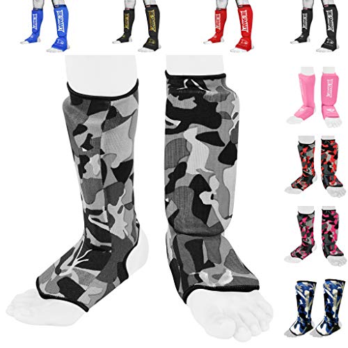 Be Smart Kids, Adults, Youth, Men and Women Muay Thai MMA Kickboxing Shin Guards, Instep Guard Training, Sparring Protective Gear Equipment Shin Kick Pads - color: Gray Camo, size: XXXS ( 3 to 8 Years )