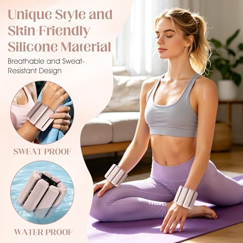 Wrist Weights, 2Pack Adjustable Ankle Weights for Women/Men, Silicone Weighted Bangles for Yoga, Pilates, Running & Walking, Arm & Leg Weights, 2lb - color: Beige