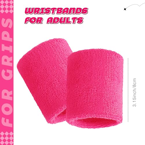 Bememo 24 Pcs Wrist Sweatbands Bulk Sports Wrist Bands for Men Women Breathable Athletic Tennis Wristbands Stretchy Absorbent Cotton Terry for Basketball, Baseball, Gym, Working Out - color: Neon Pink
