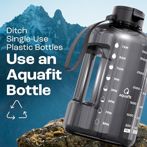 AQUAFIT 1 Gallon Water Bottle with Time Marker | BPA Free 128 oz Water Bottle with Straw and Chug Lids - Leakproof Gym Water Bottle with Carry Handle (Midnight Gray) - color: Midnight Gray, style: 128 oz - 2 Lids