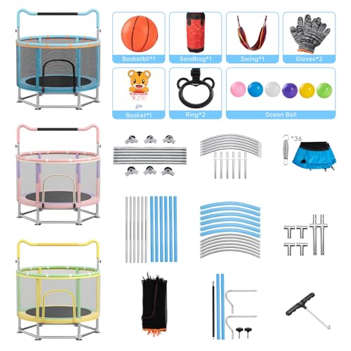 Full Wrap-Around Double Ring Legs 440lbsToddler Trampoline with Net,Trampoline for Kids - color: Blue, size: 60''