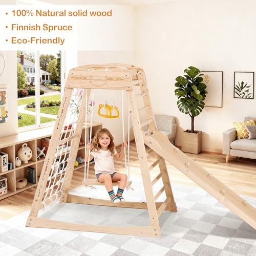 Indoor Jungle Gym, Wooden Indoor Playground, (7 in 1) Toddler Climbing Toys, Gym with Slide, Climbing Net, Swing, Gymnastics Ring