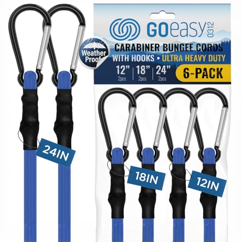 GOEASY0312 12" 18" 24" Bungee Cords with Hooks Heavy Duty 6pcs (Blue) | 12", 18", 24" UV Resistant Bungee Cords with Carabiner Hooks for Outdoors, 200 LBS Max Break Strength - 6PCS (Blue) - color: Blue