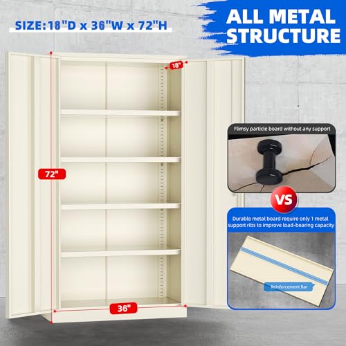 Superday Locking Metal Cabinet 72"×36"×18", Tall Storage Cabinet with 2 Doors and 4 Shelves, Large Metal Steel Utility Cabinets for Garage Tool Office File Pantry (Putty) - color: Putty, style: 72"