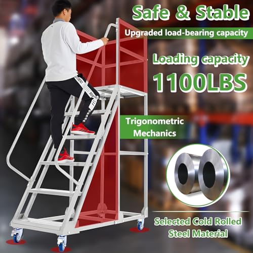 6 Steps Rolling Ladder, Mobile Platform Ladders with Handrails, Industrial & Warehouse Non-Slip Stair Ladder, Heavy Duty Step Ladders for Home Library Outdoor, 1100lbs Capacity