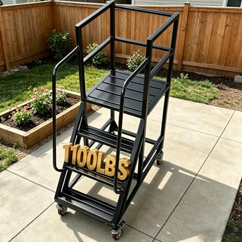 6 Step Rolling Warehouse Step Ladder, Industrial Mobile Staircase on Wheels, 1100Lbs Weight Capacity, Heavy Duty Mobile Platform Ladder with Handrails, Suitable for Warehouse, Library (Black, 6 steps) - color: Black
