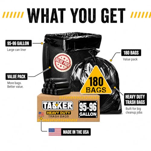 Tasker 95 Gallon Trash Bags Heavy Duty |180 Bags Bulk Pack| 95-96 Gallon, Extra Large XL Black Garbage Bags, Can Liners Fit 90-100 Gallon Cans, Outdoor Yard Waste, Commercial Industrial - size: 180 Count (Pack of 1)
