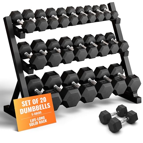 Rubber Hex Dumbbell Set with Rack, 8/10/12/15/20 Pair (450/550/780/1200/1550/2100 lbs total) Weight Rack with Dumbbells for Home Gym & Strength Training - color: (5-50 LB) 550 LBS Dumbbells with Rack
