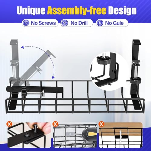 Under Desk Cable Management Tray, Xpatee Upgraded Wire Management No Drill No Screws, Cable Tray with Clamp for Wire Organizers, Computer Cord Rack for Office, Home - No Damage to Desk Black - color: Black